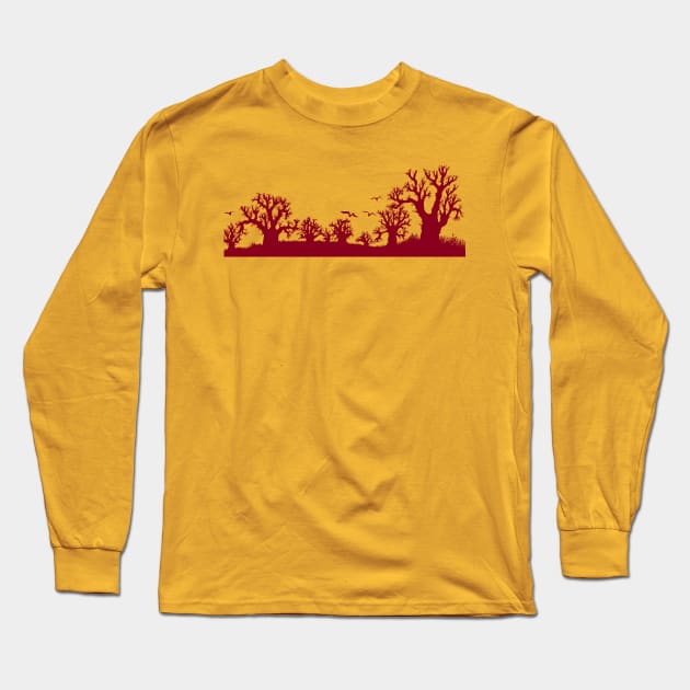 Baobab Trees Silhouette Red and Pink Long Sleeve T-Shirt by Tony Cisse Art Originals